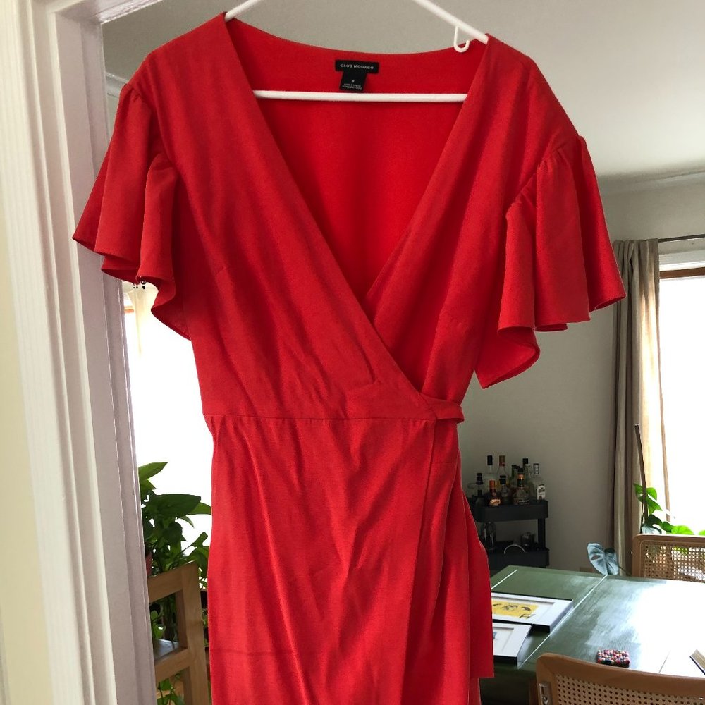 Club Monaco coral wrap dress, flutter sleeves